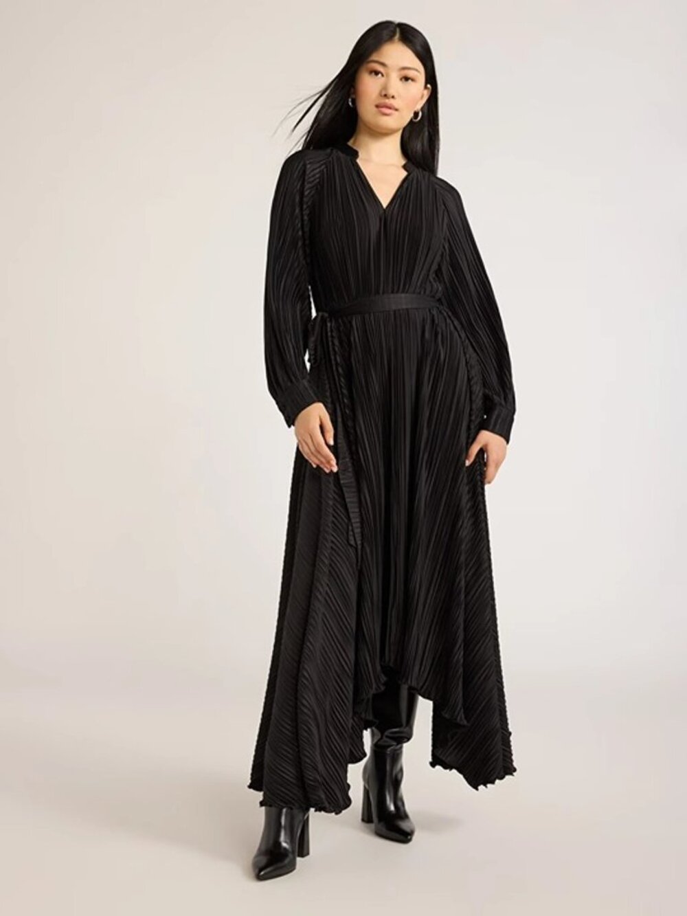 Scoop Black Pleated Maxi Dress Women's M 8-10 Long Sleeve Belted Scoop Dress
